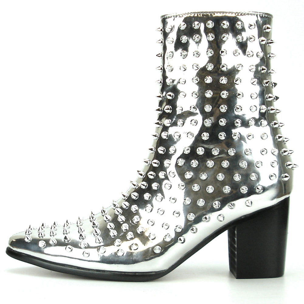 FI-7142 Silver Patent Leather Silver Spikes Cuban Heel Fiesso by Aurelio Garcia Boot