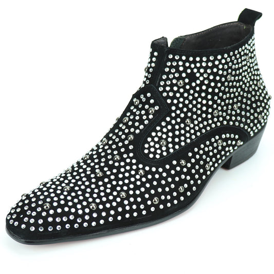 FI-7284 Black Suede Rhinestones Boot with Side Zipper Fiesso by Aurelio Garcia