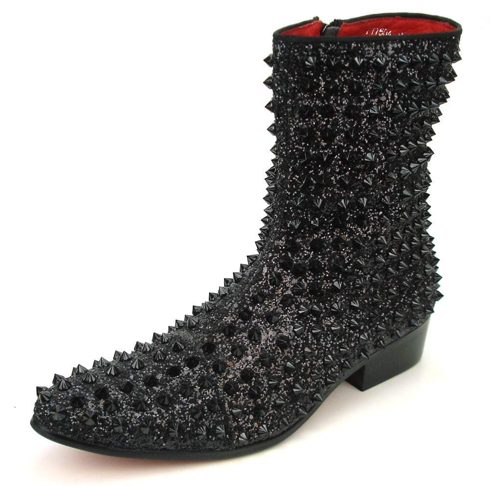 FI-7504 Black Glitter Black Spikes High top Boot Fiesso by Aurelio Garcia