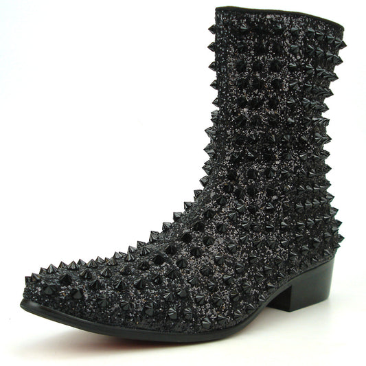 FI-7504 Black Glitter Black Spikes High top Boot Fiesso by Aurelio Garcia