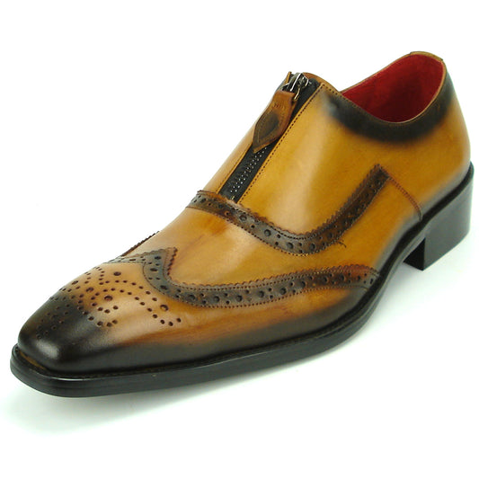 FI-8714 Tan Leather Wing Tip With Front Zipper Encore by Fiesso