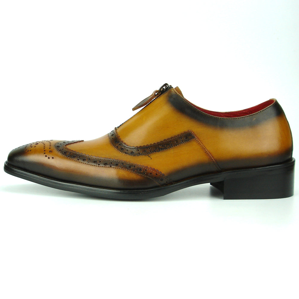FI-8714 Tan Leather Wing Tip With Front Zipper Encore by Fiesso