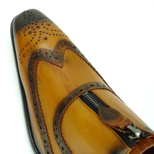 FI-8714 Tan Leather Wing Tip With Front Zipper Encore by Fiesso
