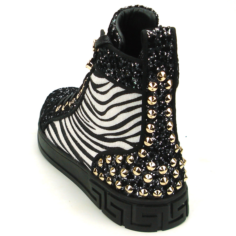 FI-2347 Black Glitter Black and White Zebra High top Sneaker Encore by Fiesso