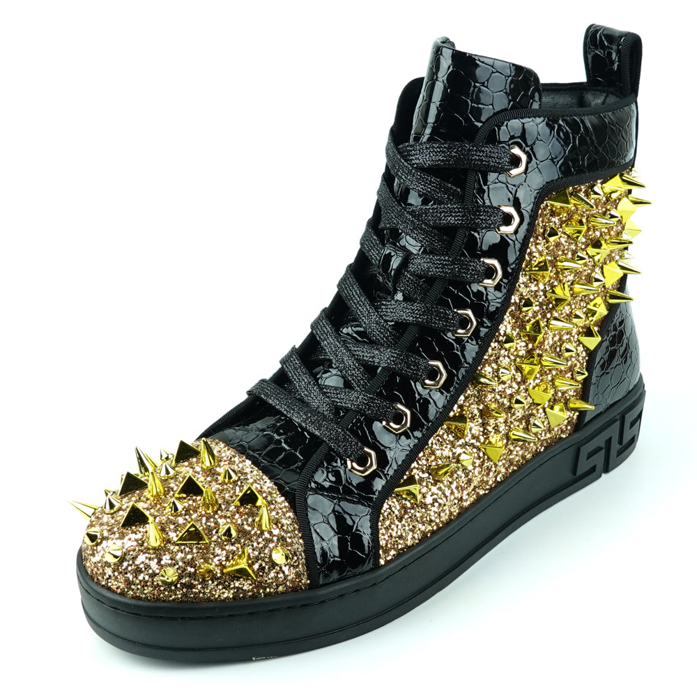FI-2369 Black Gold Glitter Gold Spikes Lace up High top Sneaker Encore by Fiesso