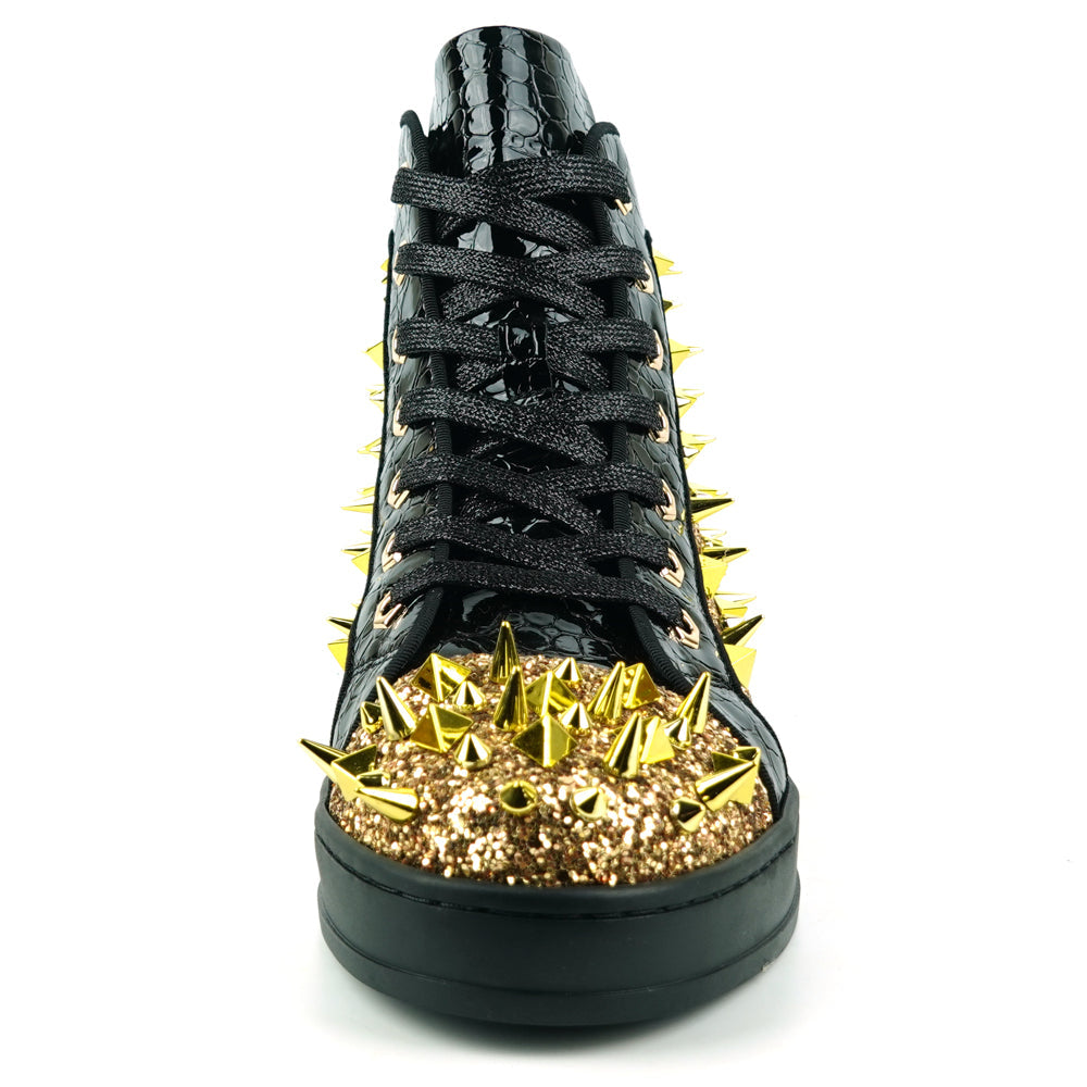 FI-2369 Black Gold Glitter Gold Spikes Lace up High top Sneaker Encore by Fiesso