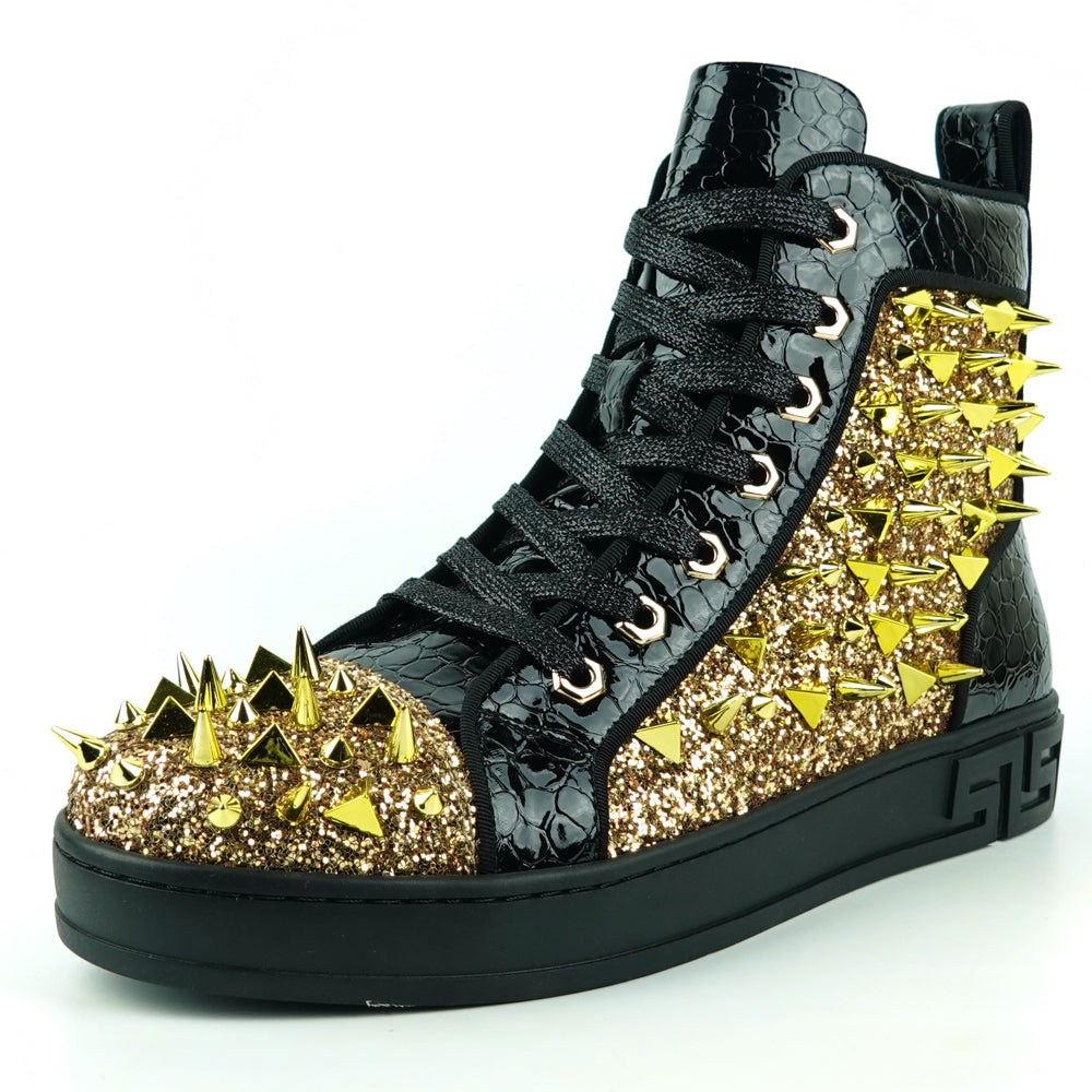 FI-2369 Black Gold Glitter Gold Spikes Lace up High top Sneaker Encore by Fiesso