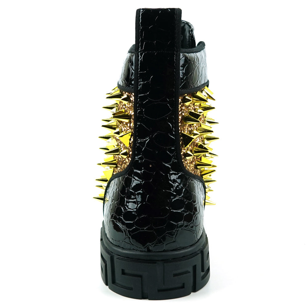 FI-2369 Black Gold Glitter Gold Spikes Lace up High top Sneaker Encore by Fiesso