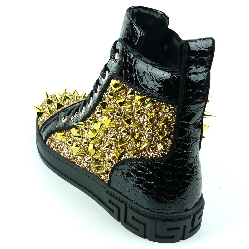 FI-2369 Black Gold Glitter Gold Spikes Lace up High top Sneaker Encore by Fiesso