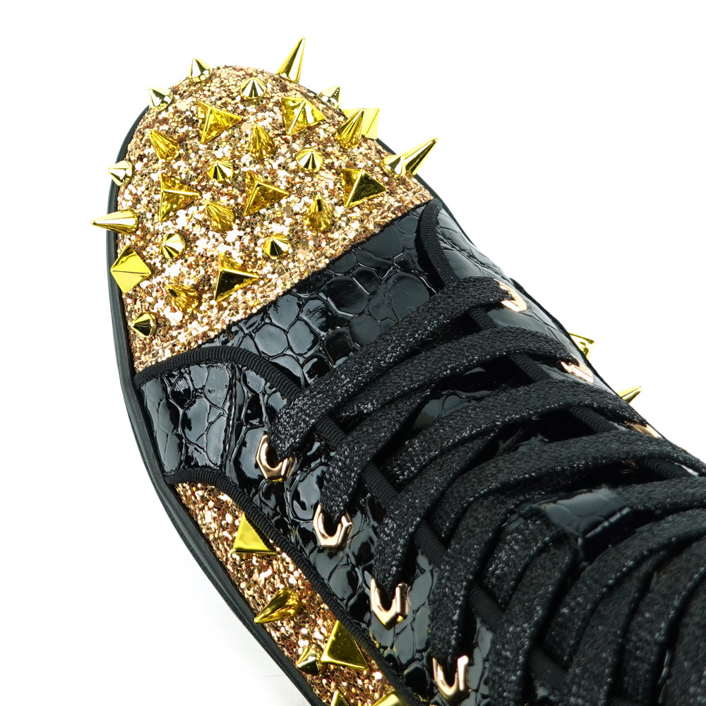 FI-2369 Black Gold Glitter Gold Spikes Lace up High top Sneaker Encore by Fiesso