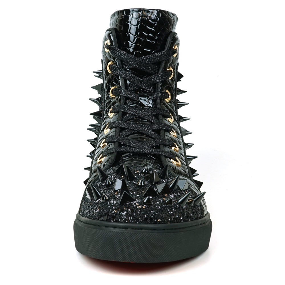 FI-2369 Black Glitter Black Spikes Lace up High top Sneaker Encore by Fiesso