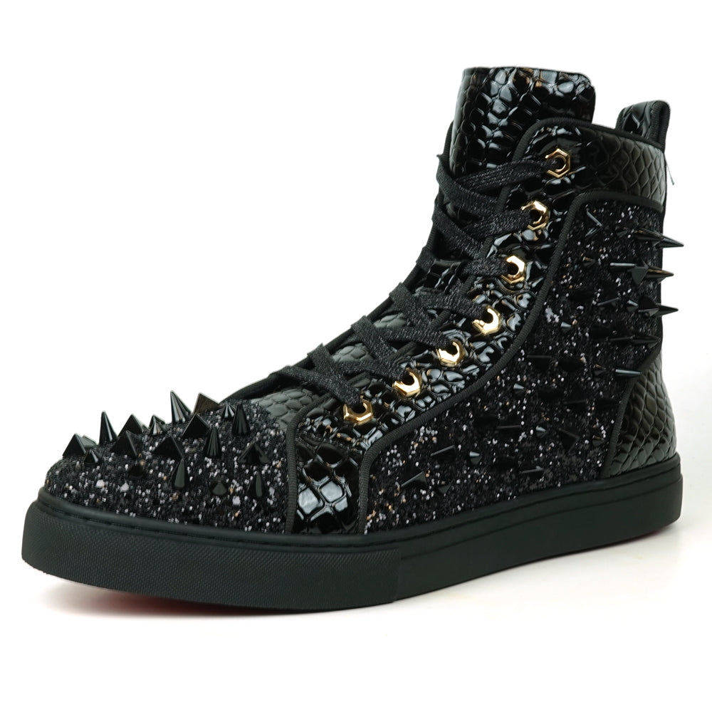 FI-2369 Black Glitter Black Spikes Lace up High top Sneaker Encore by Fiesso