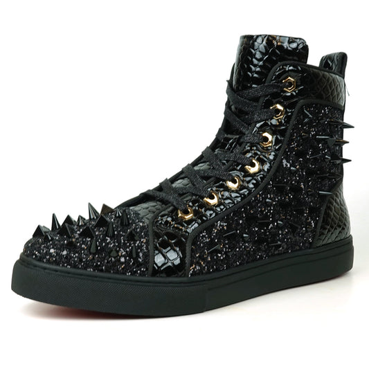 FI-2369 Black Glitter Black Spikes Lace up High top Sneaker Encore by Fiesso