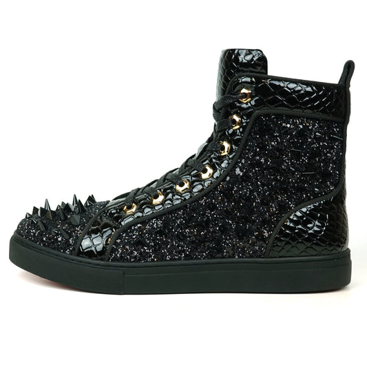 FI-2369 Black Glitter Black Spikes Lace up High top Sneaker Encore by Fiesso