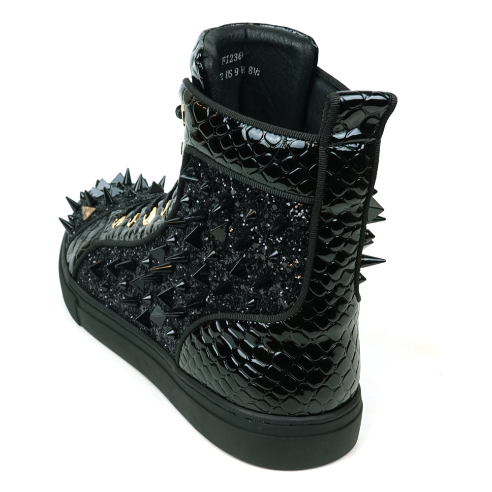 FI-2369 Black Glitter Black Spikes Lace up High top Sneaker Encore by Fiesso