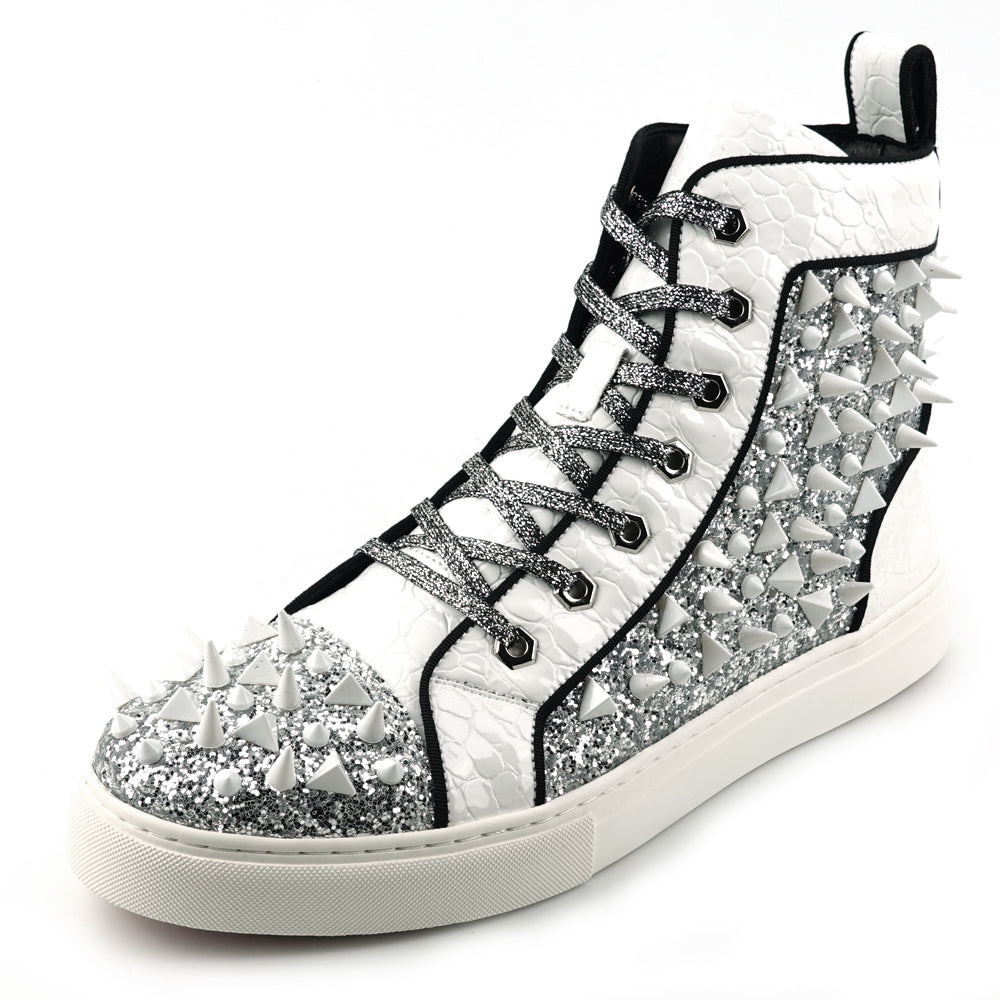 FI-2369 White Glitter White Spikes Lace up High top Sneaker Encore by Fiesso