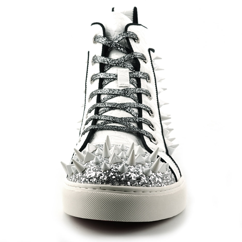 FI-2369 White Glitter White Spikes Lace up High top Sneaker Encore by Fiesso