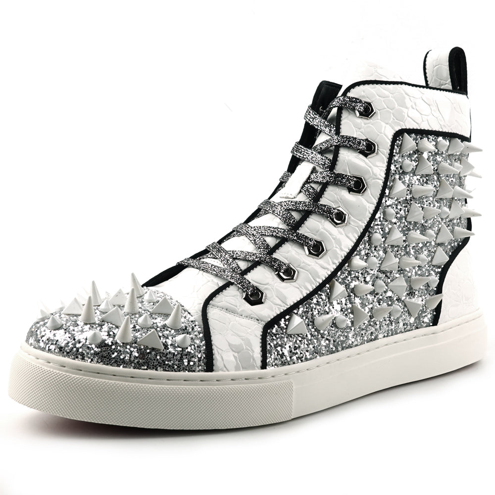 FI-2369 White Glitter White Spikes Lace up High top Sneaker Encore by Fiesso