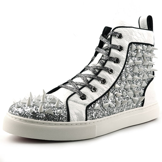 FI-2369 White Glitter White Spikes Lace up High top Sneaker Encore by Fiesso
