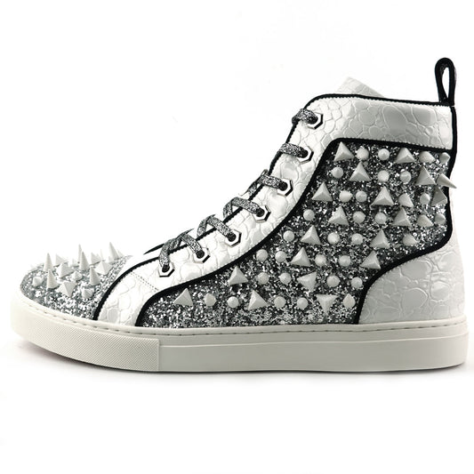 FI-2369 White Glitter White Spikes Lace up High top Sneaker Encore by Fiesso