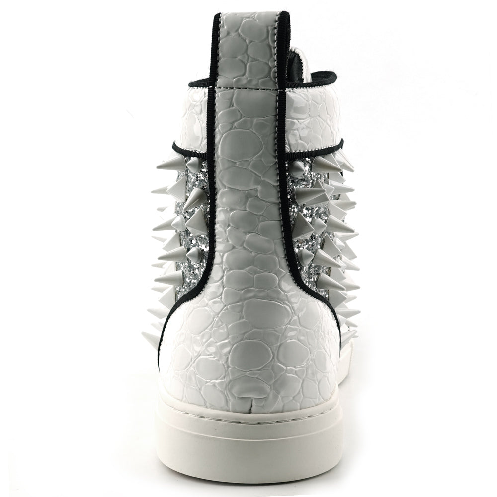 FI-2369 White Glitter White Spikes Lace up High top Sneaker Encore by Fiesso