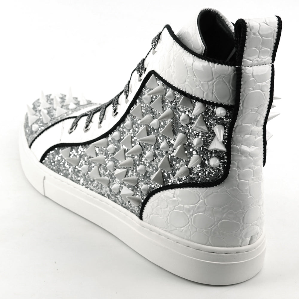 FI-2369 White Glitter White Spikes Lace up High top Sneaker Encore by Fiesso