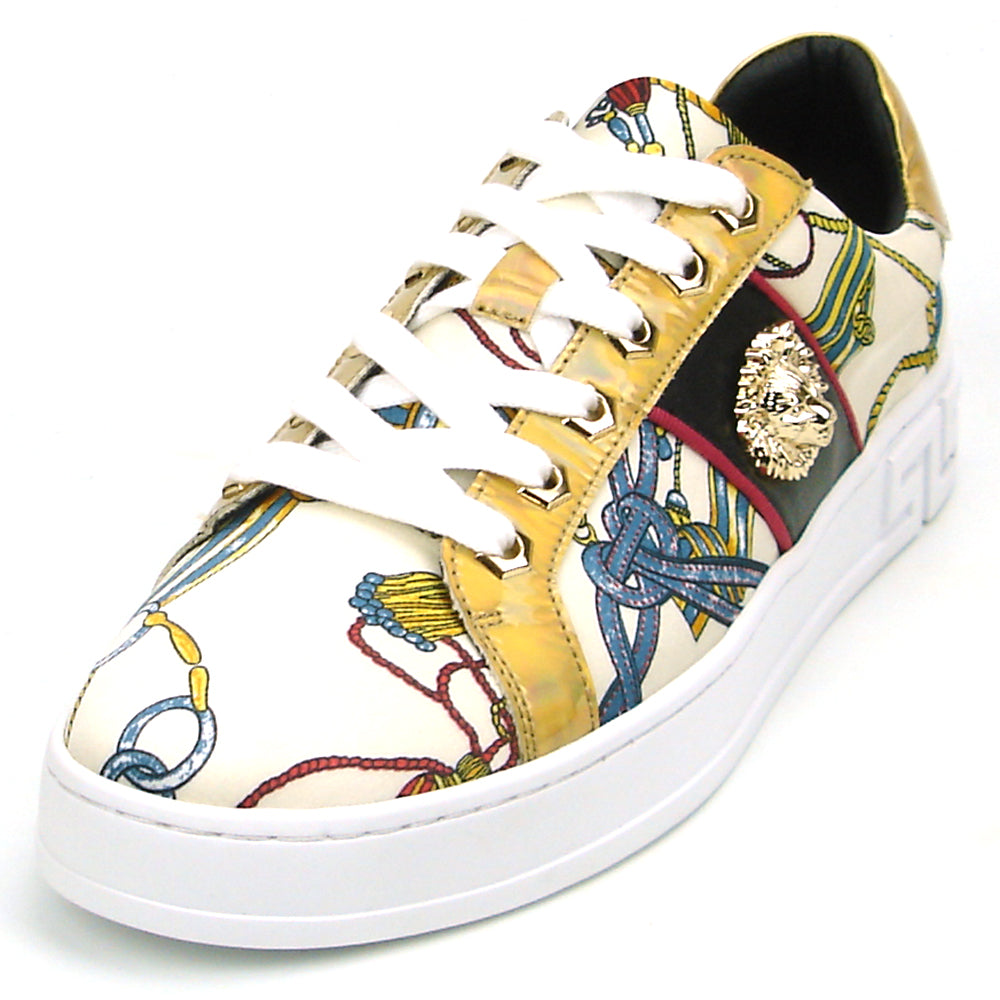 FI-2382 Beige Lace up Low Cut Sneaker Gold Lion head Encore by Fiesso
