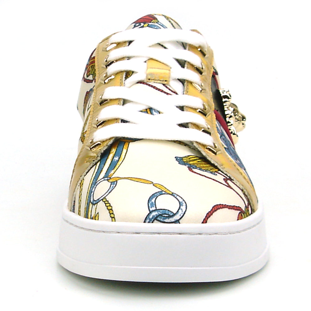 FI-2382 Beige Lace up Low Cut Sneaker Gold Lion head Encore by Fiesso