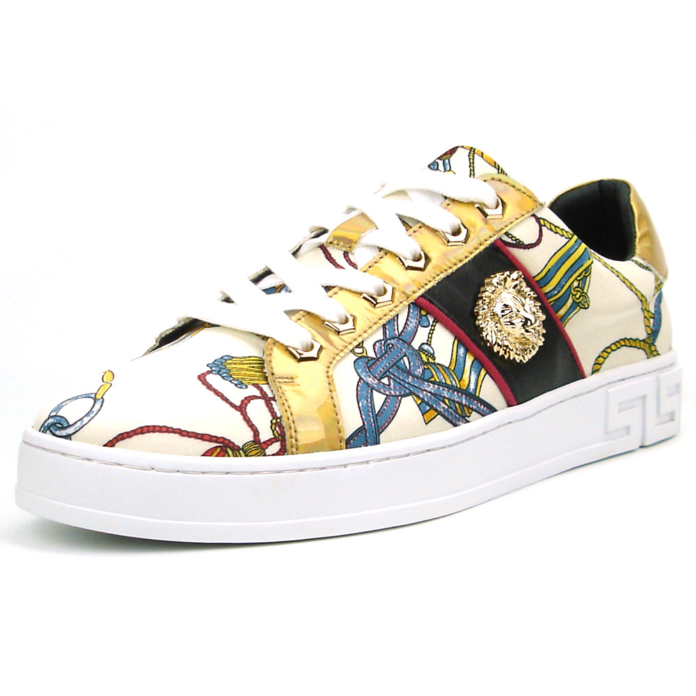 FI-2382 Beige Lace up Low Cut Sneaker Gold Lion head Encore by Fiesso