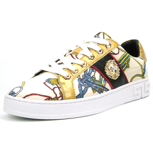 FI-2382 Beige Lace up Low Cut Sneaker Gold Lion head Encore by Fiesso