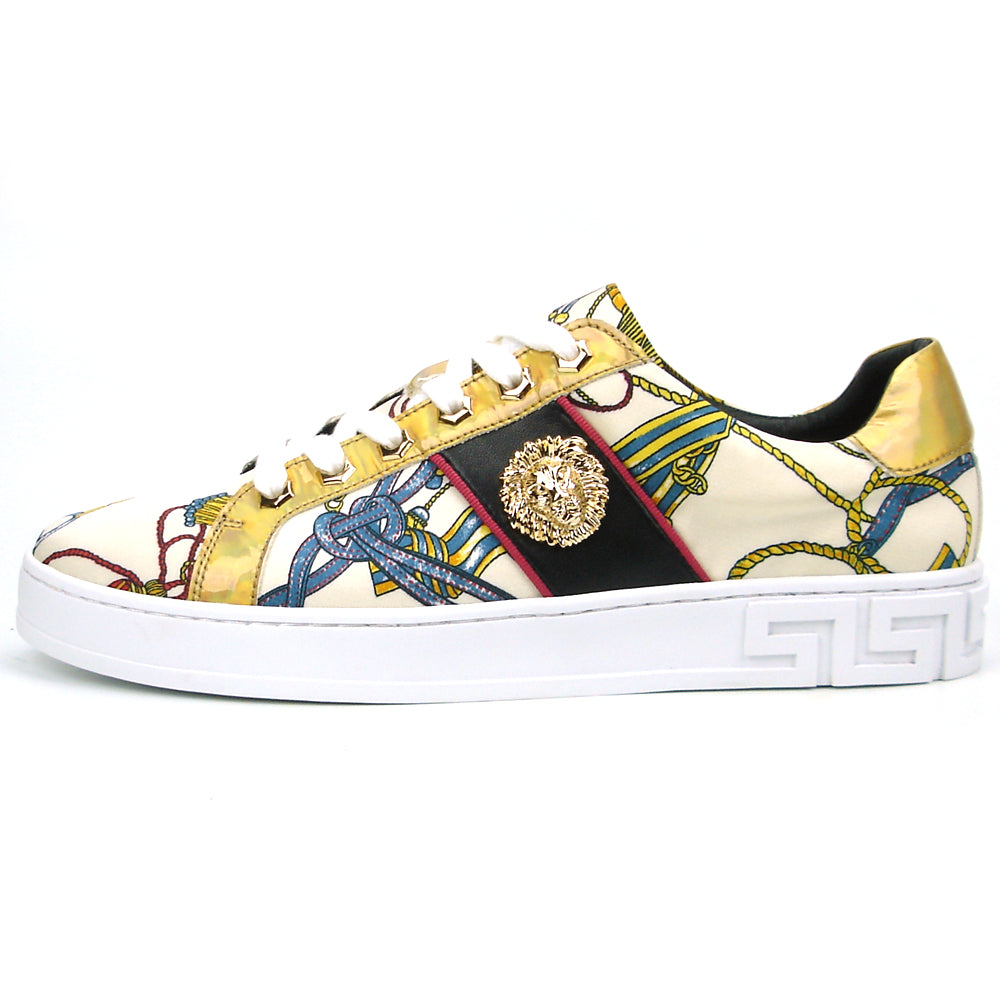 FI-2382 Beige Lace up Low Cut Sneaker Gold Lion head Encore by Fiesso