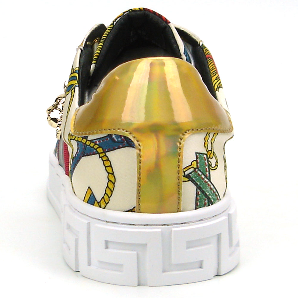 FI-2382 Beige Lace up Low Cut Sneaker Gold Lion head Encore by Fiesso