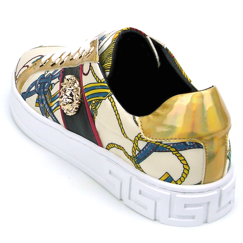 FI-2382 Beige Lace up Low Cut Sneaker Gold Lion head Encore by Fiesso