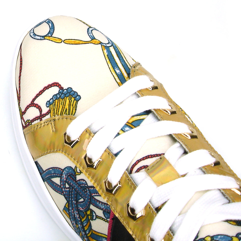 FI-2382 Beige Lace up Low Cut Sneaker Gold Lion head Encore by Fiesso