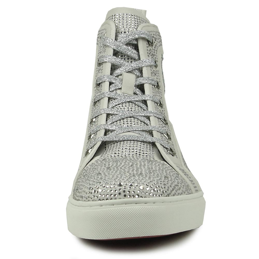 FI-2387 White Suede Clear Rhinestones High Top Sneaker Encore by Fiesso