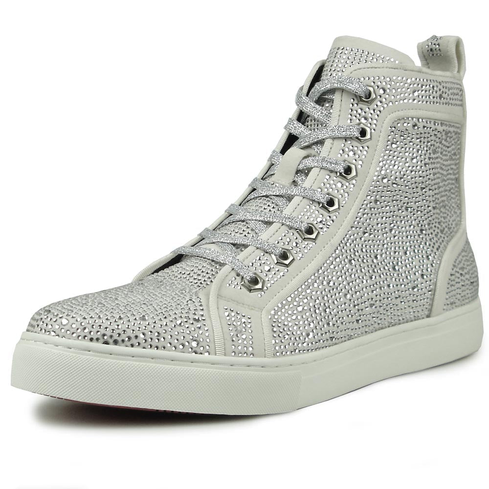FI-2387 White Suede Clear Rhinestones High Top Sneaker Encore by Fiesso