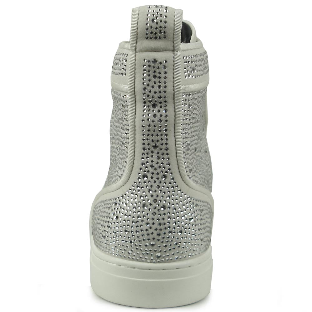 FI-2387 White Suede Clear Rhinestones High Top Sneaker Encore by Fiesso