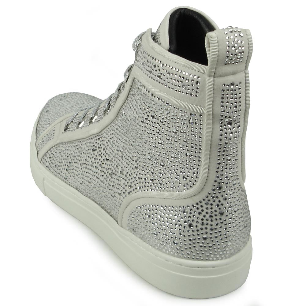 FI-2387 White Suede Clear Rhinestones High Top Sneaker Encore by Fiesso