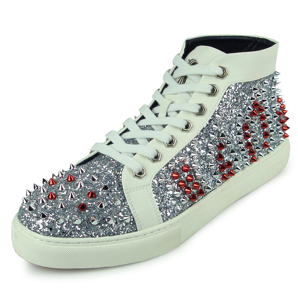 FI-2398 White Leather Silver Red Spikes High top Sneaker Encore by Fiesso