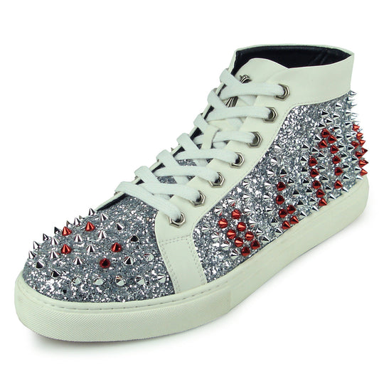 FI-2398 White Leather Silver Red Spikes High top Sneaker Encore by Fiesso
