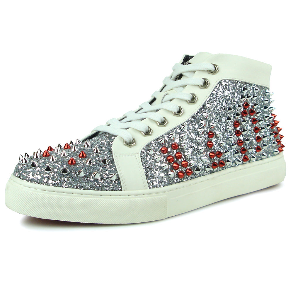 FI-2398 White Leather Silver Red Spikes High top Sneaker Encore by Fiesso