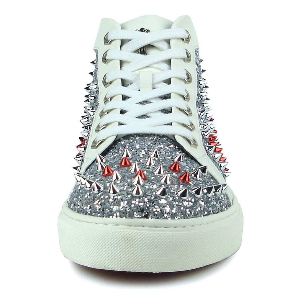 FI-2398 White Leather Silver Red Spikes High top Sneaker Encore by Fiesso