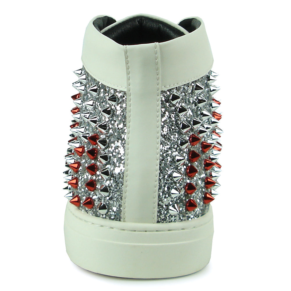 FI-2398 White Leather Silver Red Spikes High top Sneaker Encore by Fiesso