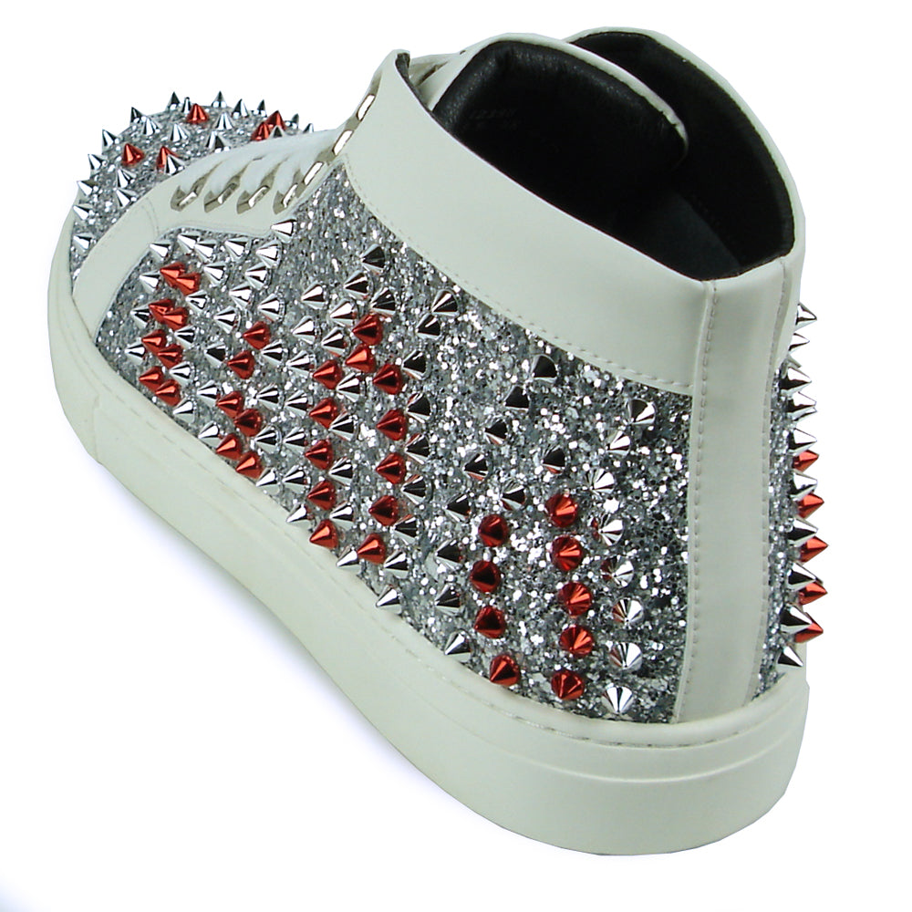 FI-2398 White Leather Silver Red Spikes High top Sneaker Encore by Fiesso