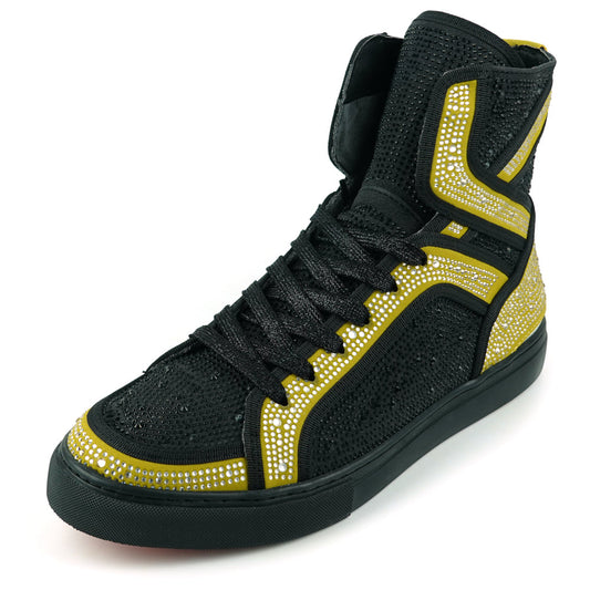 FI-2402 Black Gold Suede and Rhinestones High Top Sneaker Encore by Fiesso