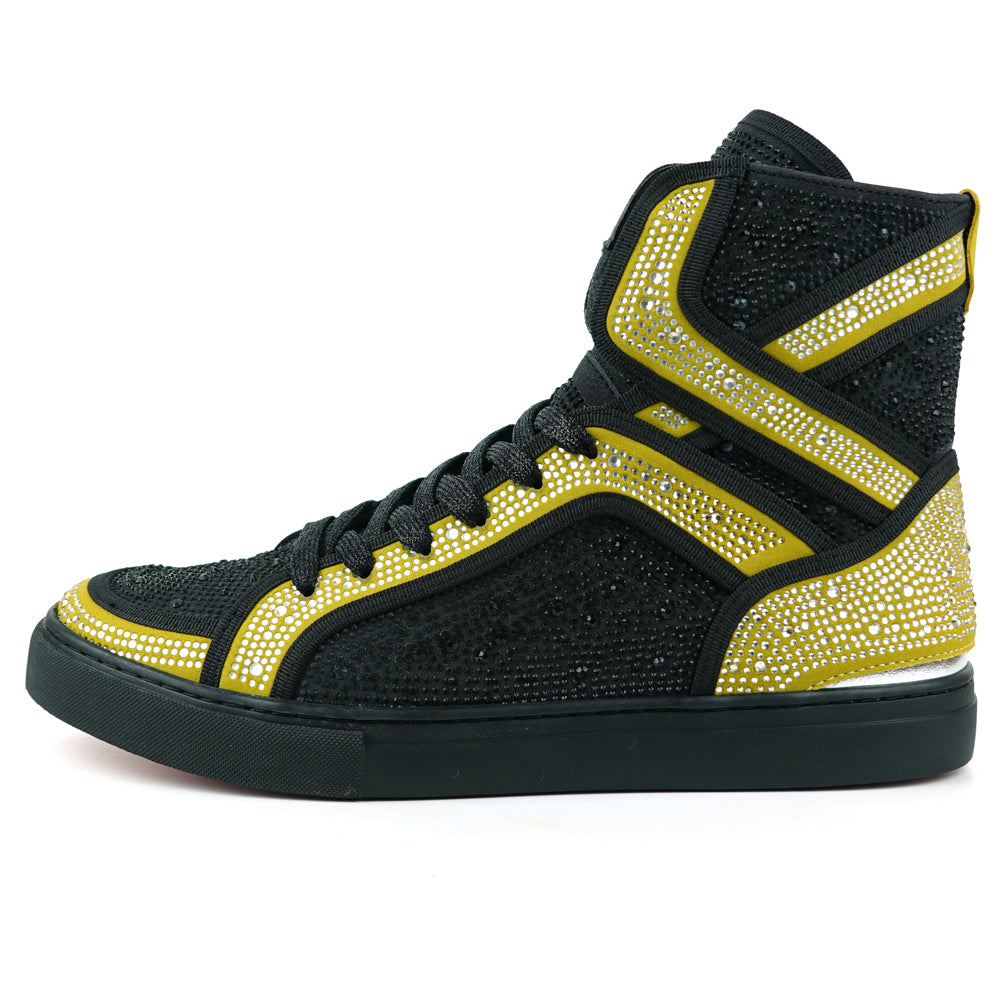 FI-2402 Black Gold Suede and Rhinestones High Top Sneaker Encore by Fiesso