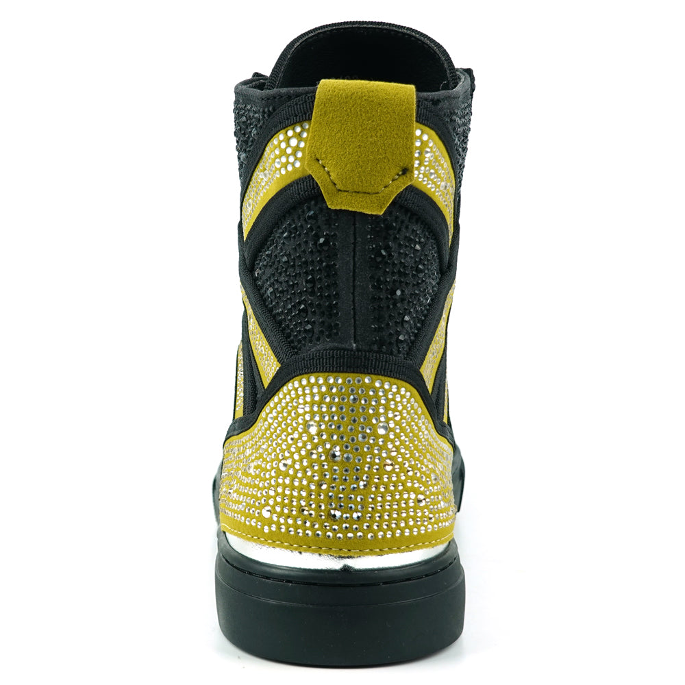 FI-2402 Black Gold Suede and Rhinestones High Top Sneaker Encore by Fiesso