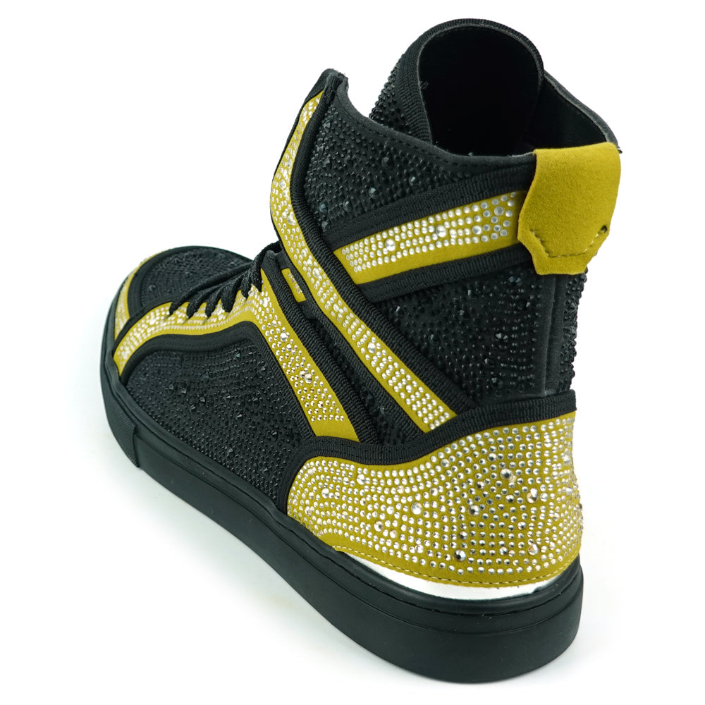 FI-2402 Black Gold Suede and Rhinestones High Top Sneaker Encore by Fiesso