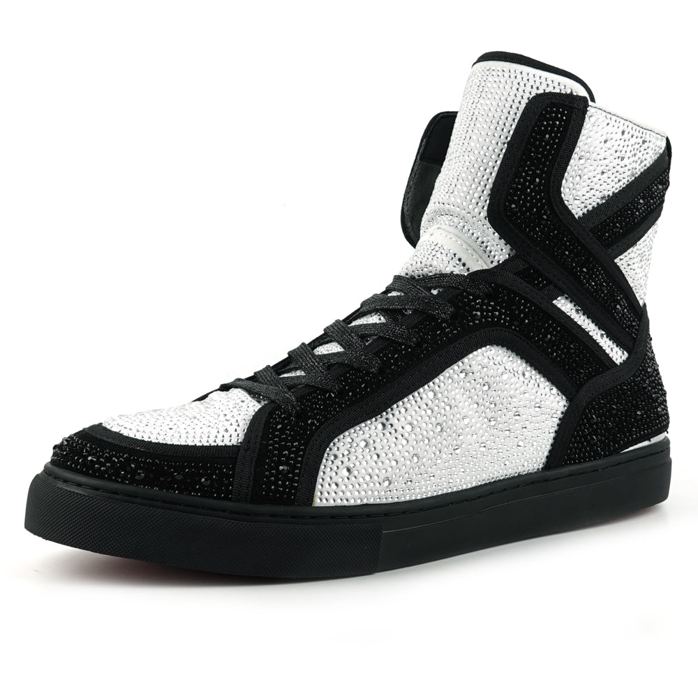 FI-2402 Black White Suede and Rhinestones High Top Sneaker Encore by Fiesso