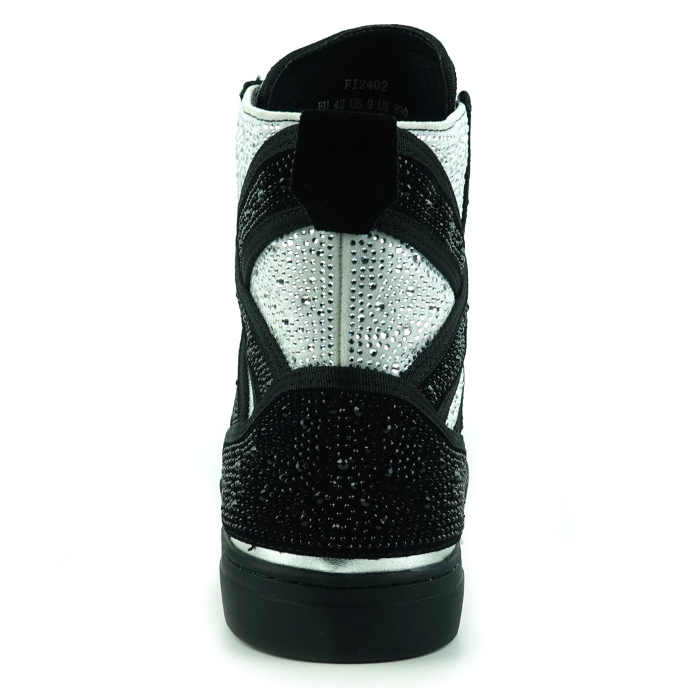 FI-2402 Black White Suede and Rhinestones High Top Sneaker Encore by Fiesso